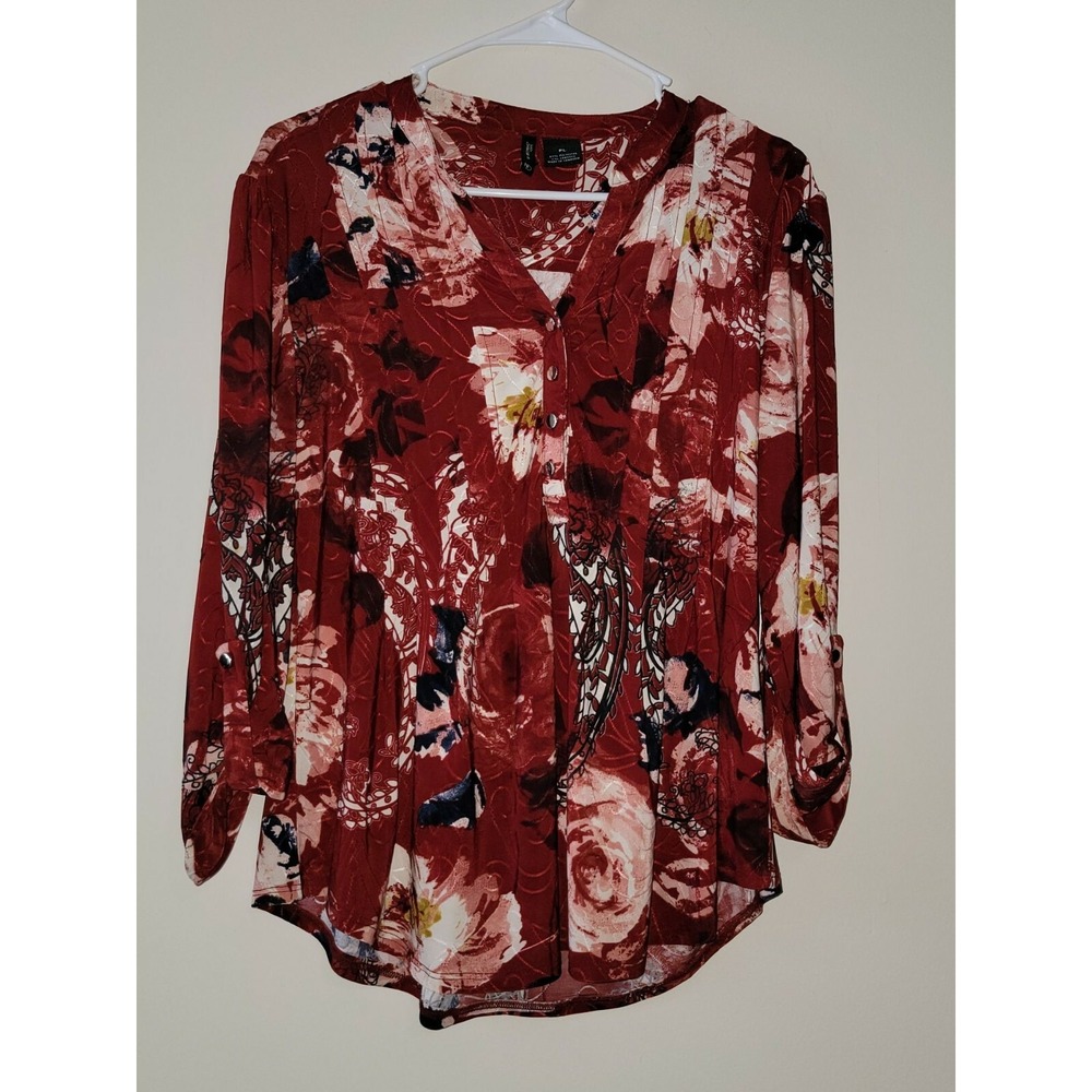 INC‎ International Concepts Petite Floral Print V Neck Button Front Top Shirt PL